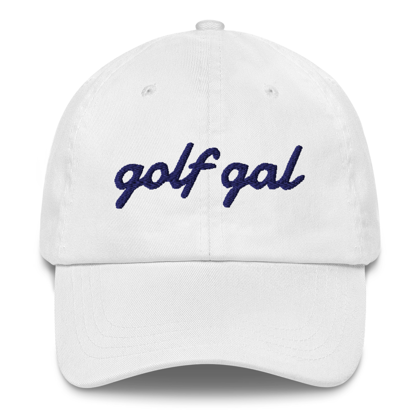 GOLF GAL Script Embroidered Dad Hat – White with Navy Thread